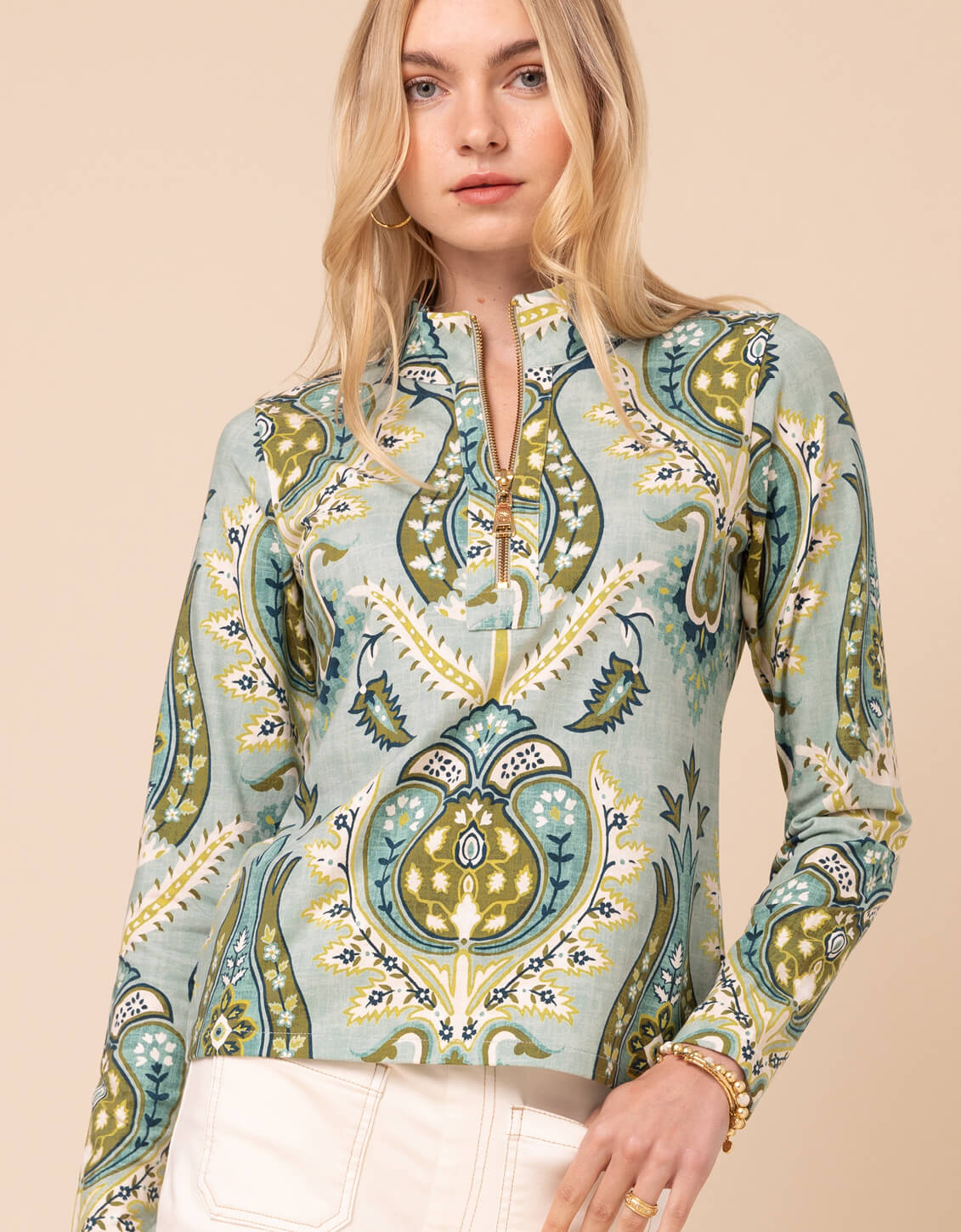 トップス NICENESS 23SS FARINAS Nora Half-Zip Top Mercer House Damask Sea Foam - $103.60