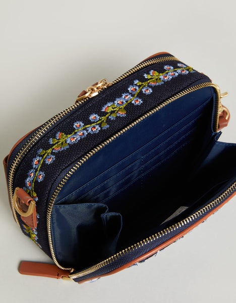 Mcgraw Floral Leather Crossbody Camera Bag In Blue Tea Rose Border