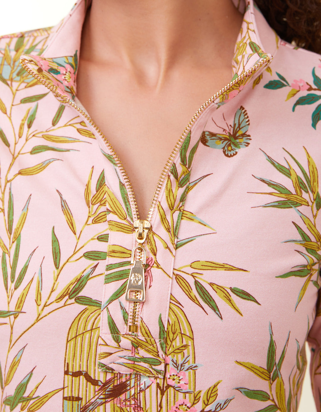 Photo inspiration: Macaw Cage Zipper Safety Reference: Nora Half Zip Top Enclave Bamboo Bird Cage Pink