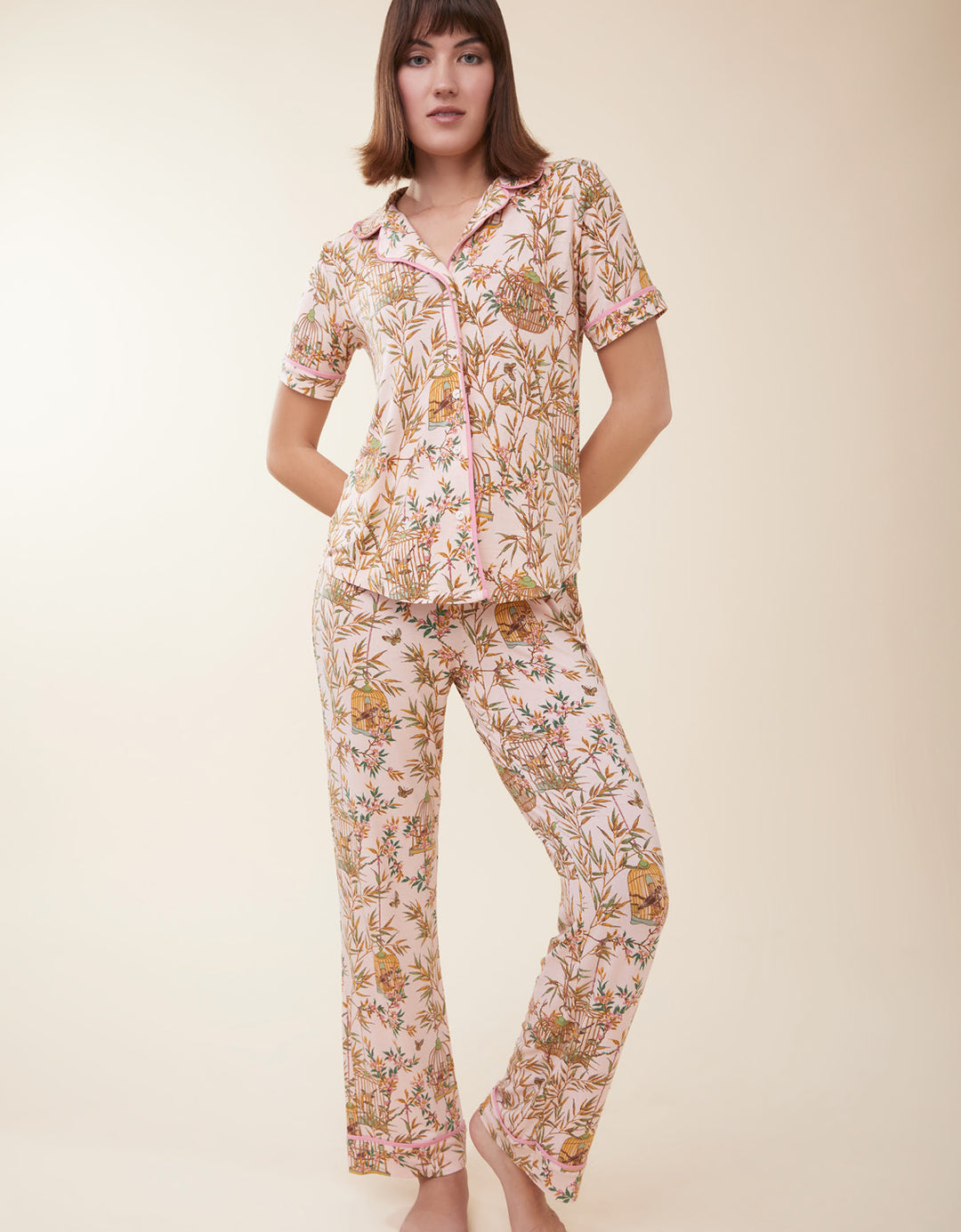 Short Sleeve Pajama Top Enclave Bamboo Bird Cage Pink