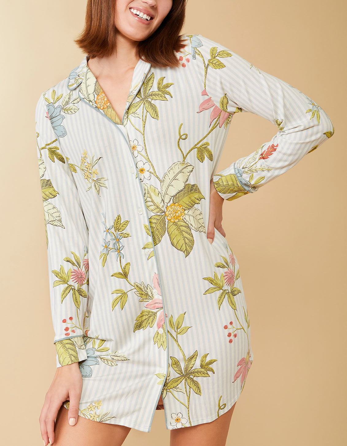Pajama Sleep Shirt Floral Vine Stripe Blue