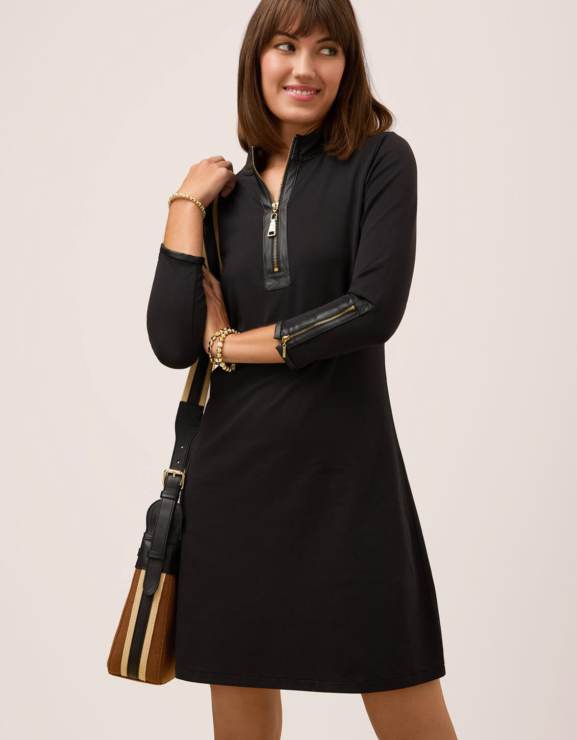 Nora Half-Zip Dress w/ Vegan Leather Black - $148.50