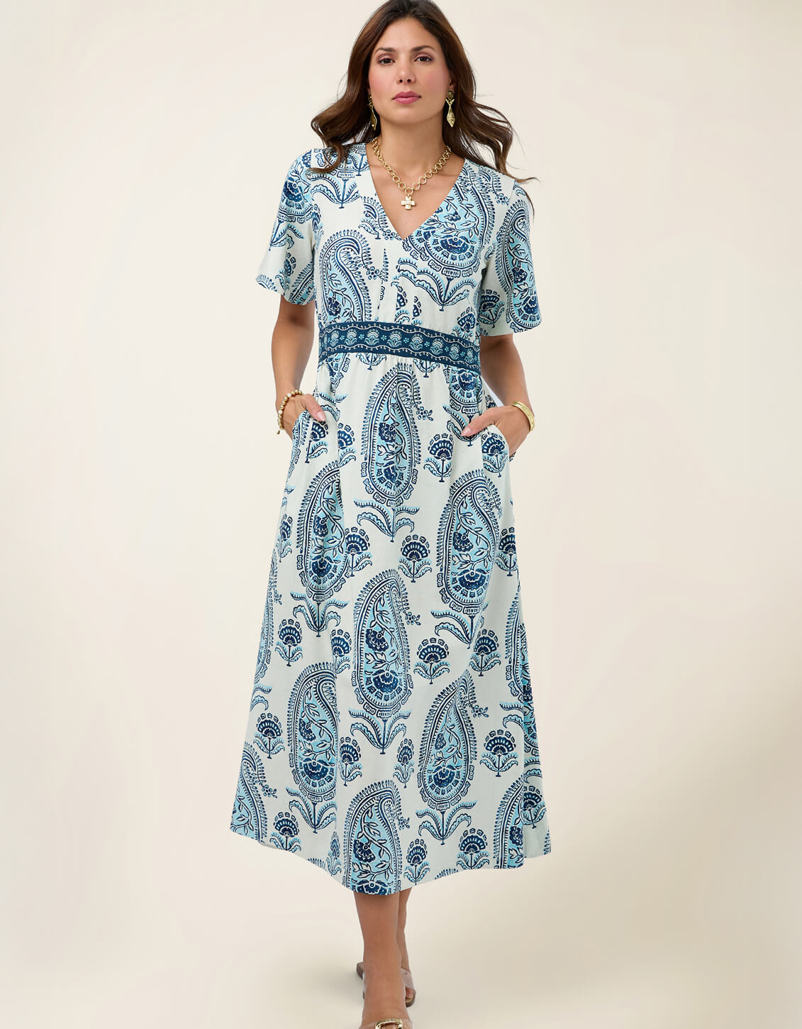 サイーディドレス ハナン ブルー・ゴールド M〜L Yasmine Midi Dress Flagler Paisley Blue - $214.40