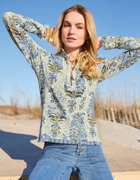 Nora Fringe Top Flagler Floral Paisley Sky - $128.00