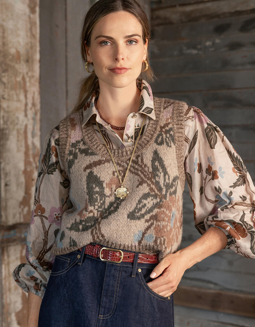 Noella Jacquard Vest Japonica Floral Cream
