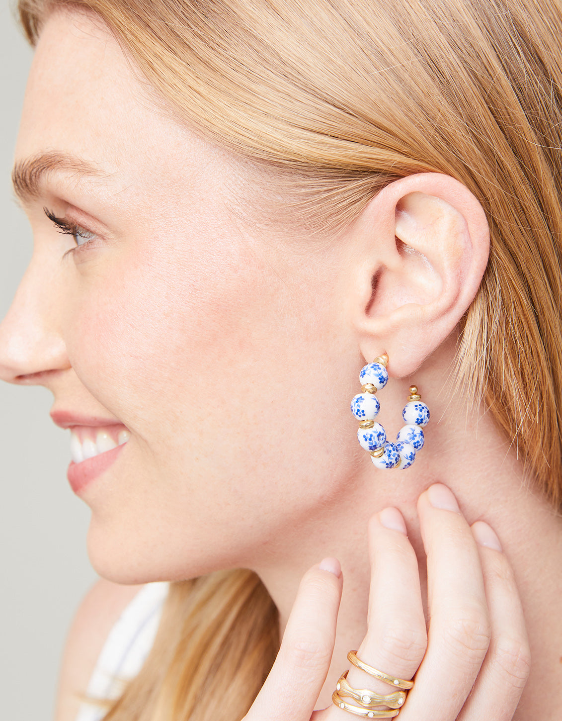 thumbnail image 2 of Daisy Seed Bead Floral Drop Gold Hoop Earrings - In 5 Colors 2 of 12